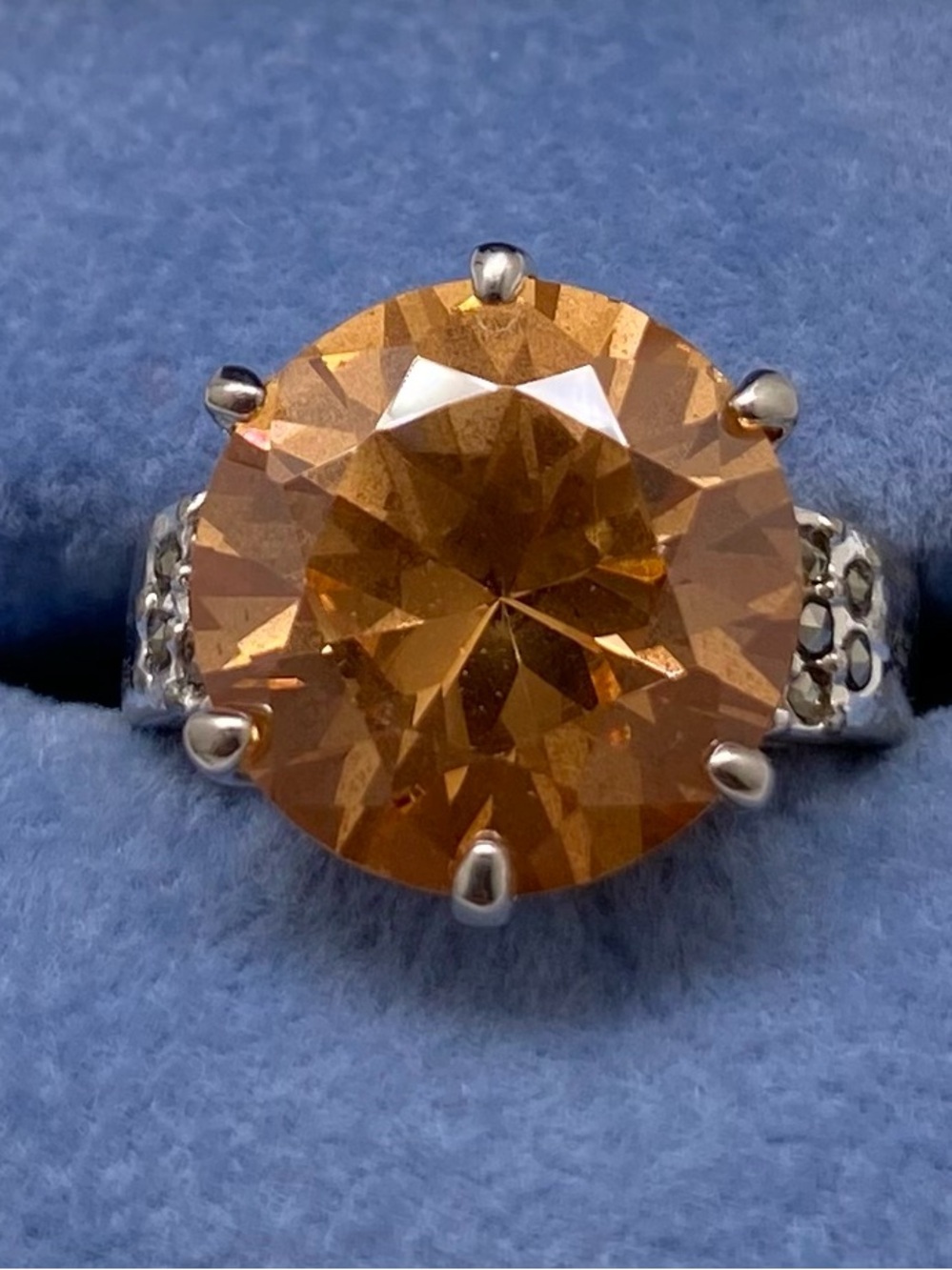 Orange CZ Solitaire Ring with Marcasite Accent